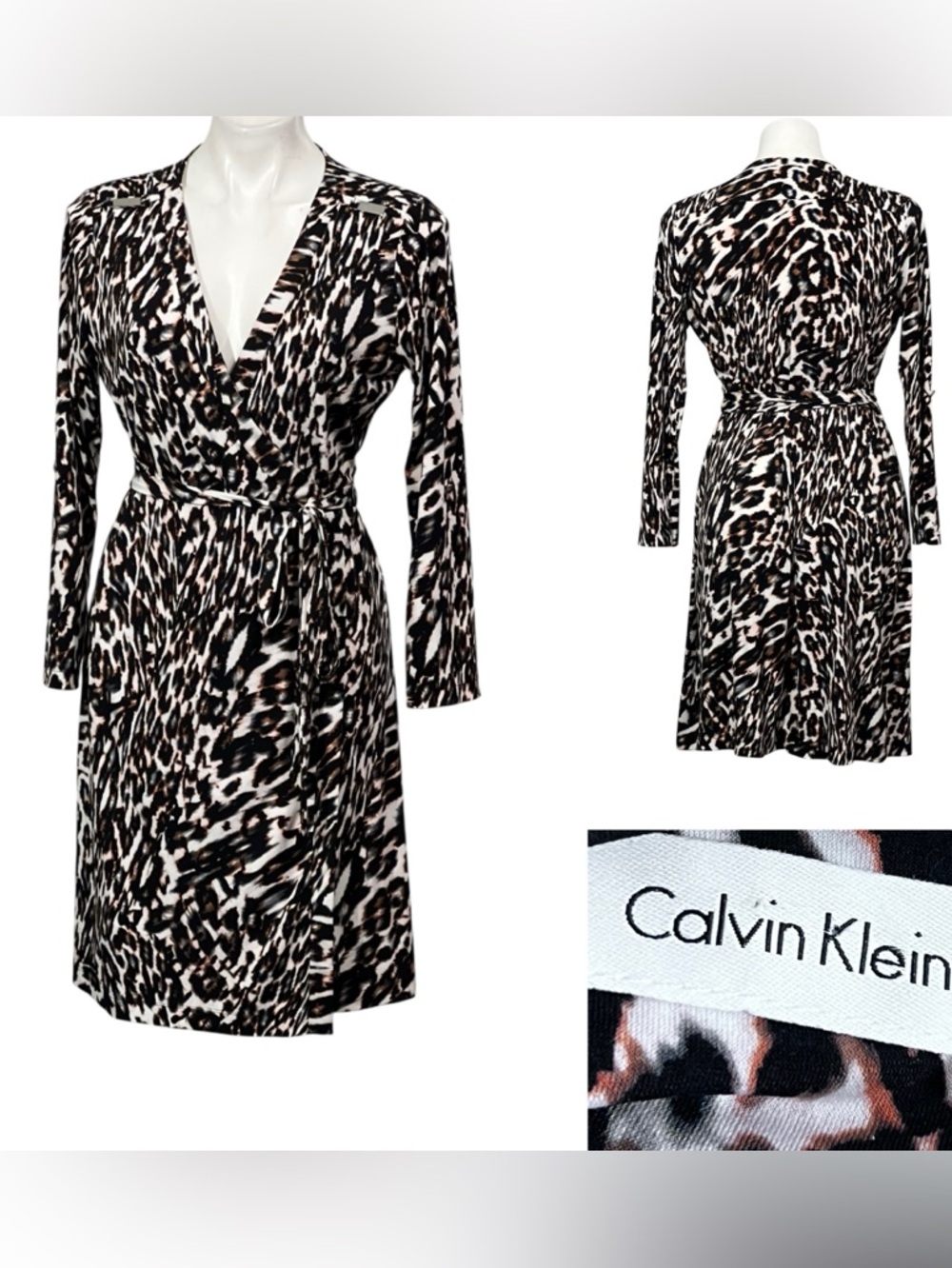 Calvin Klein wrap dress Brown multicolor Animal Print true Wrap office cocktail